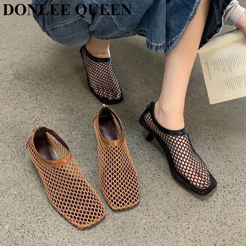 Women'S Shoes Kitten Heels - صنادل ميول نسائية كلاسيكية بتصميم شبكي